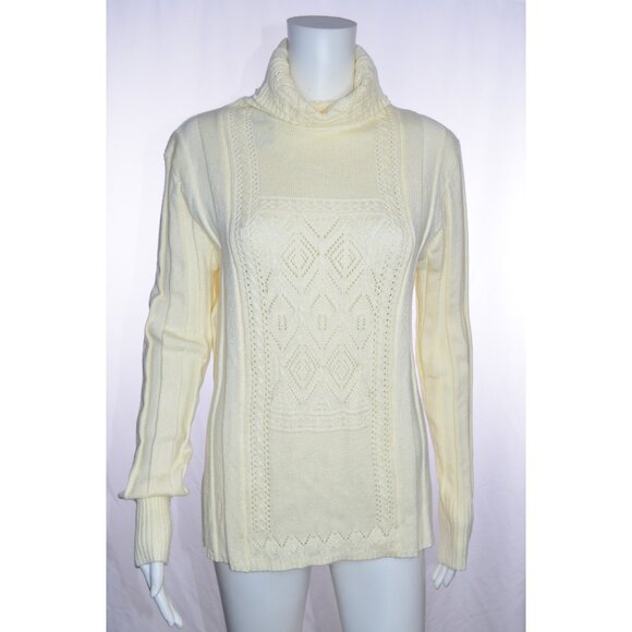 Westbound Sweaters - Westbound Turtleneck Open Knit Ribbed Long Sleeve Sweater Cream Size L